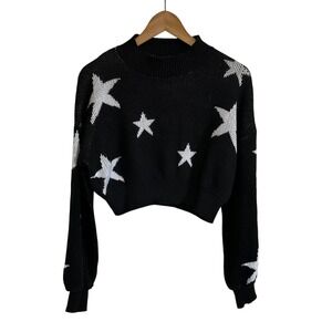Shein Star Cropped Sweater Mock Neck Long Sleeve Knit Pullover Black M‎